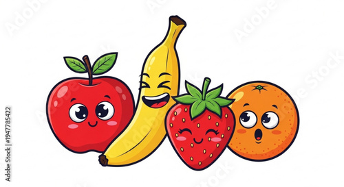 Delightful collection of happy cartoon fruit characters cheerful apple, joyful banana, winking strawberry, and surprised orange, perfect for kids' healthy food designs