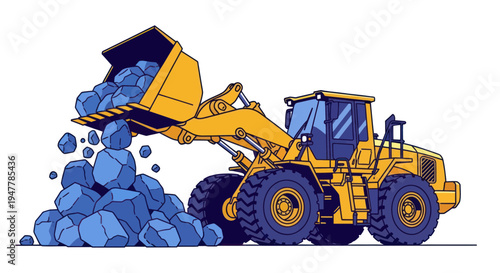 Yellow front loader excavating blue rocks, construction equipment, heavy machinery illustration