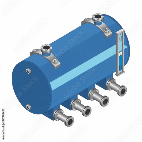 A blue industrial cylindrical tank with multiple outlets and a sight glass, likely for fluid processing or storage.