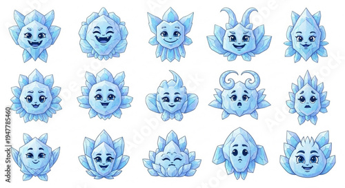Cute and diverse collection of ice crystal characters, each with unique expressions and personalities, perfect for winter themes and creative projects