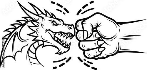 Black and white of a dragon head facing a clenched fist fight