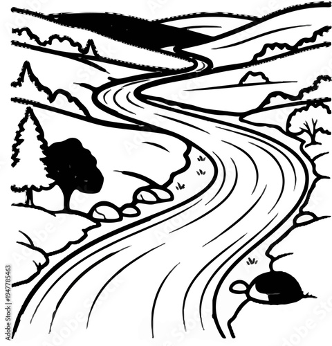 Winding river flows through rolling hills and trees, creating a serene landscape
