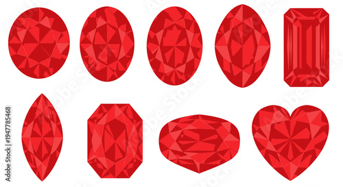 Collection of ten different cuts of red gemstones on white background