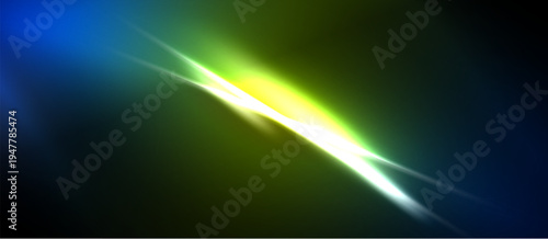 Abstract light streaks, vibrant colors blend. Blue, green, yellow radiate from central point, creating dynamic visual effect. Dark background enhances luminosity.