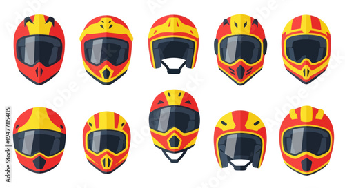 Collection of colorful motorcycle helmets, safety gear, various styles