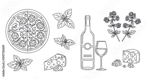 Hand-drawn Italian Food & Drink Elements: Pizza, Wine, Cheese, Basil, Herbs
