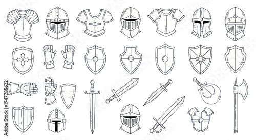 Medieval Knight Armor and Weapons Collection - Vector Line Art Icons