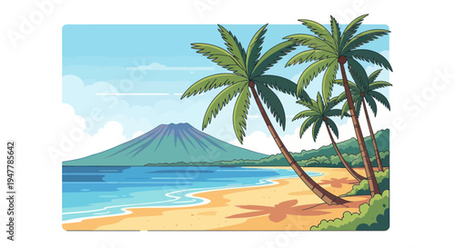 Pixel Art Tropical Beach with Volcano and Palm Trees