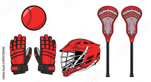 Red Lacrosse Gear Set: Ball, Helmet, Gloves, and Sticks