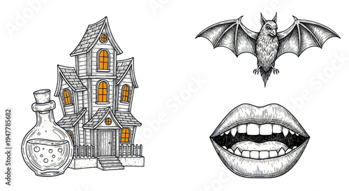 Spooky Halloween Collage: Haunted House, Bat, Potion Bottle, Vampire Lips with Fangs