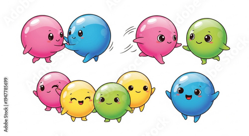 Adorable round cartoon characters with happy faces playing together in a fun and vibrant illustration