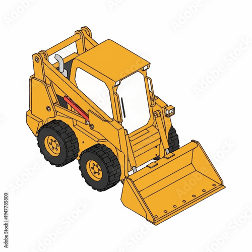 A detailed isometric illustration of a yellow skid steer loader with a front bucket attachment, showcasing its compact design and robust construction.