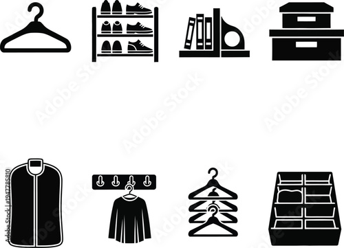 Collection of black and white depicting clothing storage and organization hanger shoe rack 2 bookshelf