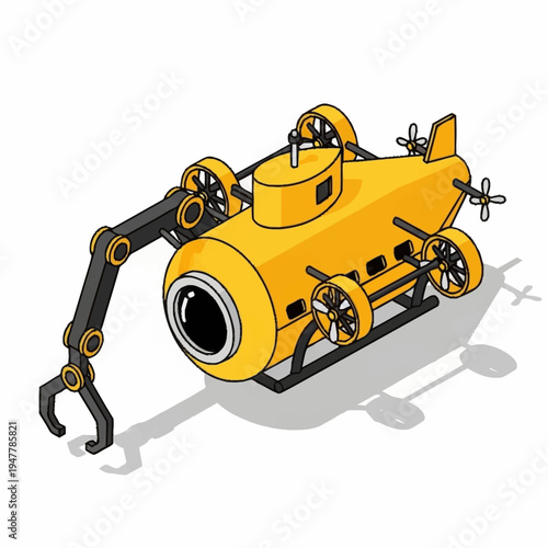 Isometric illustration of a yellow submarine with a robotic arm on a white background.