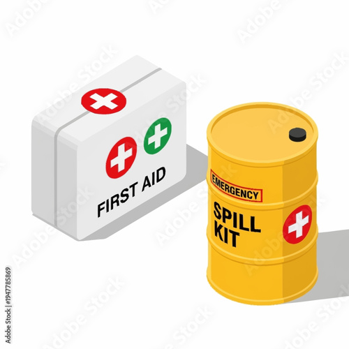 First Aid Kit and Emergency Spill Kit Barrel Illustration.