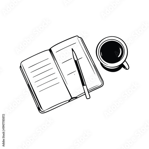 Black and white illustration of an open notebook with a pencil and a cup of coffee in hand drawn style vector art