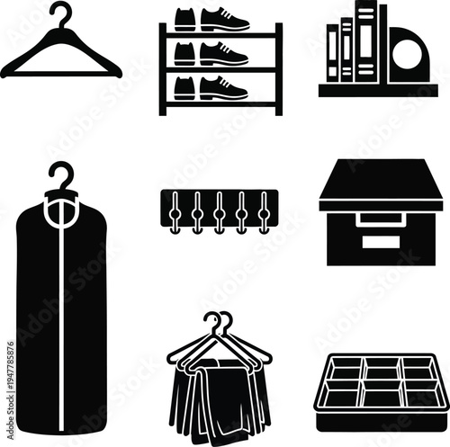 Collection of black and white for home organization and storage hanger shoe rack shoes books bookends