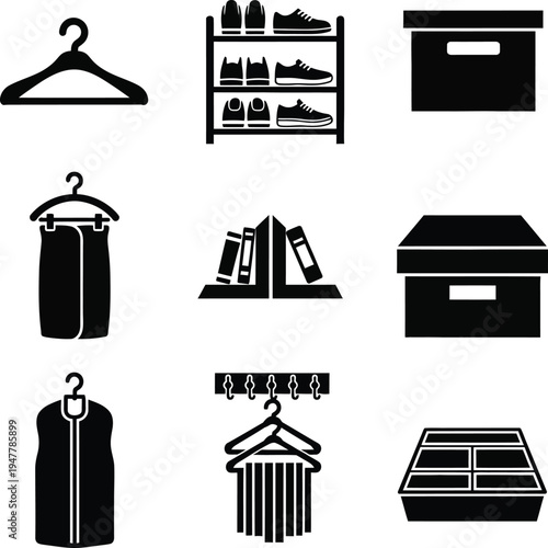 Collection of black depicting clothing hangers shoe rack storage boxes books and a coat rack