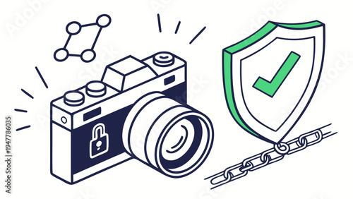 Secure digital camera and shield with check mark illustrating image protection copyright and blockchain authentication