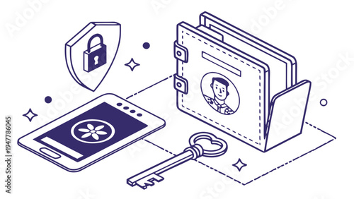 Digital identity verification concept with passport biometric card and key representing secure authentication and personal data access