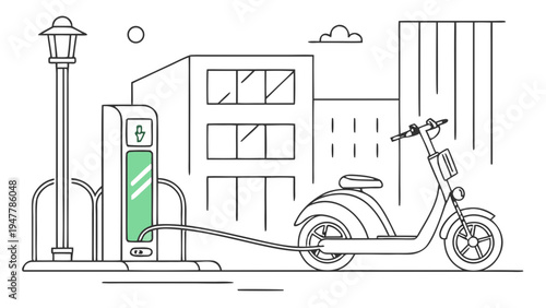 Electric scooter charging at public station in city street modern illustration about sustainable transport and urban electric mobility