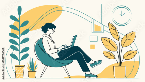 Freelancer working on laptop in cozy home workspace with plants modern flat illustration about remote work productivity and digital lifestyle