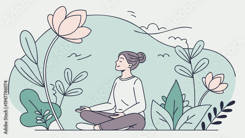 Woman meditating in nature with plants and flowers peaceful illustration about wellness mindfulness and healthy lifestyle for world health day