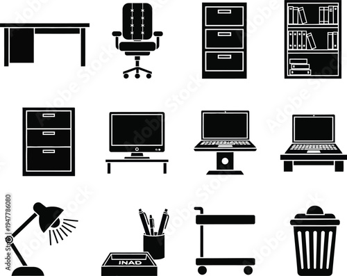 Collection of black office furniture and equipment office desk office chair filing cabinet bookshelf