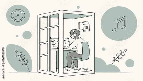 Person working on laptop in small phone booth office listening to music modern illustration about remote work focus and productivity