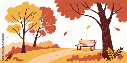 A park scene with a bench and trees in autumn colors Vector