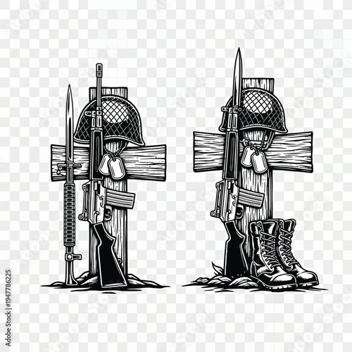 Military memorial with rifle helmet dog tags and boots on wooden cross