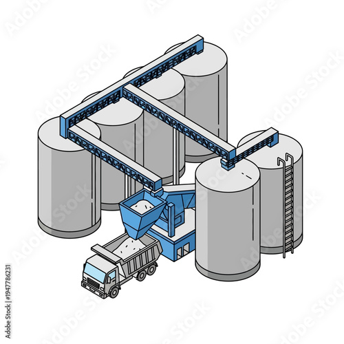 Isometric illustration of an industrial facility with multiple silos, a conveyor system, and a truck being loaded with material.