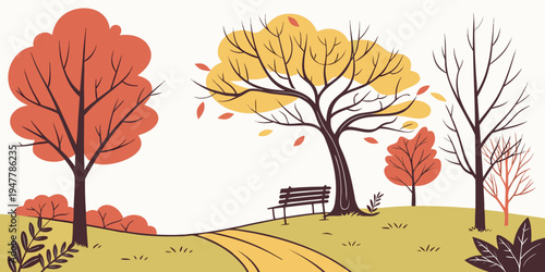 A colorful illustration of trees on a grassy hill Vector