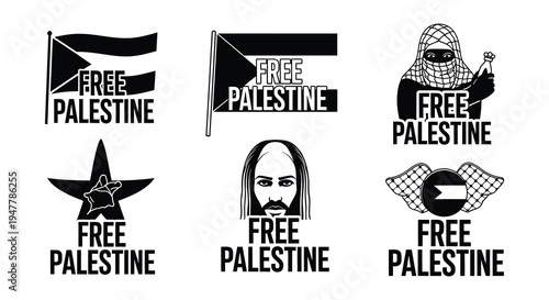 Black and white illustrations depicting support for a free palestine