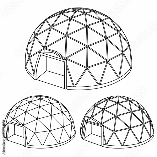 Vector illustration icons of geodesic dome structures in various stages of complexity on a white background