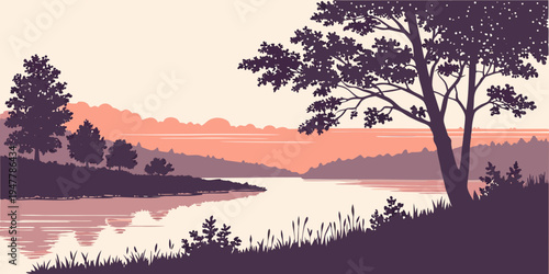 A serene landscape with a tree by a lake at sunset Vector