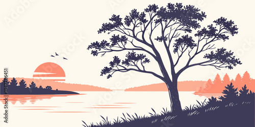 A tree on a hill at sunset Vector