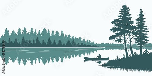 A person in a canoe on a serene lake surrounded by trees Vector