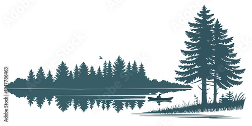 A serene lake scene with trees and a reflection Vector