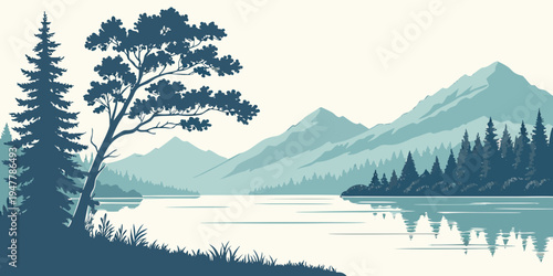 A serene lake scene with mountains and trees Vector