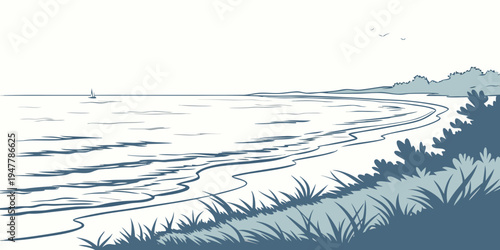 A blue and white illustration of a beach with grass and water Vector