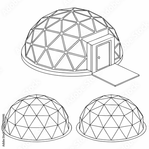 Vector illustration icons of geodesic dome structures in various stages of complexity on a white background