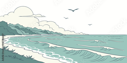 A wave in the ocean with birds flying overhead Vector