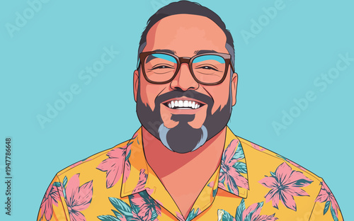 A man with glasses and a beard smiles while wearing a colorful tropical shirt in front of a bright blue background.