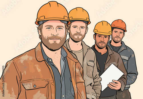 Four construction workers stand together at a job site wearing hard hats and work clothes while holding equipment.