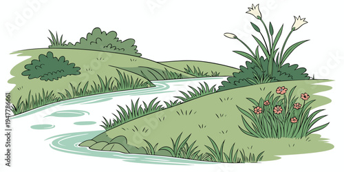 A serene landscape with a stream and lush greenery Vector