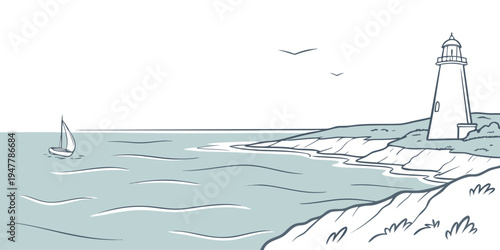 A lighthouse on a rocky coastline with a sailboat in the distance Vector
