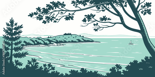 A serene lake scene with trees and a distant shoreline Vector