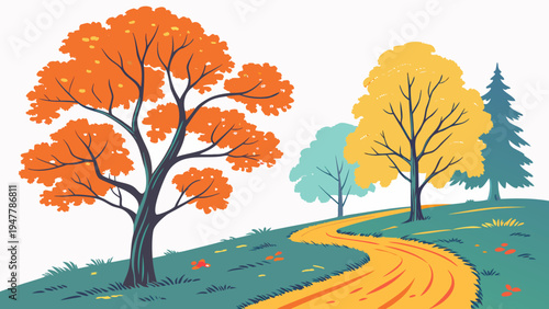 A colorful illustration of trees on a grassy hill Vector