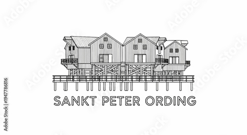 Wooden stilt houses on a pier, a simple line drawing sketch